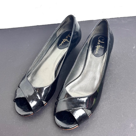 Cole Haan Air Elly Criss-Cross Black Patent Peep-Toe Wedge Shoes, Size 8 - Picture 2 of 9